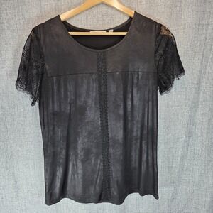 Hannah Leather Look Women's Black Top Short Lace Sleeves Medium Goth Grunge Rock